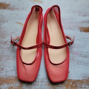 Red Mesh Mary Jane Flats